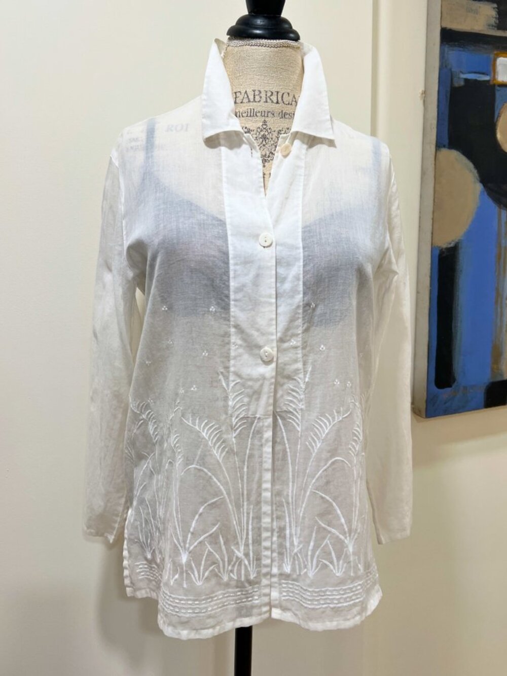 🤍 Valerie Stevens Sheer 100% Cotton Voile Embroidered Blouse M Petite NWOT 🤍